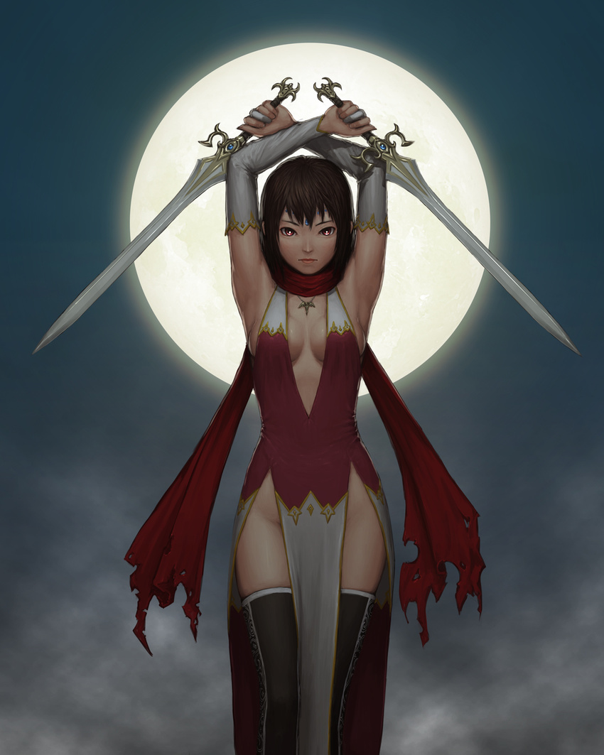 1girl arms_up bare_shoulders black_legwear breasts bridal_gauntlets brown_eyes center_opening dress dual_wielding female full_moon glowing highres jewelry lips moon necklace night original red_eyes scarf short_hair small_breasts solo standing sword thighhighs weapon yoshikawa_hazure