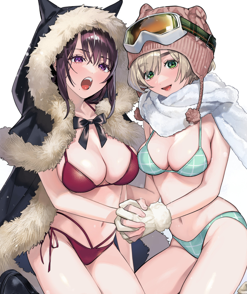 2girls absurdres beanie bikini black_coat breasts brown_hair coat commentary_request ekoda_emi fur-trimmed_coat fur_trim gloves goggles goggles_on_headwear green_bikini green_eyes hajirau_kimi_ga_mitainda hat highres holding_hands honjou_kaho hood hooded_coat interlocked_fingers kneeling large_breasts long_hair looking_at_viewer medium_breasts multiple_girls open_mouth plaid plaid_bikini purple_eyes red_bikini scarf short_hair simple_background smile swimsuit thighs uma_raclette white_background white_gloves white_scarf