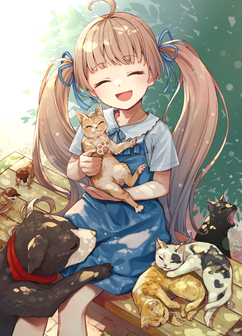 1girl :d aishima_marota bench blue_dress blue_ribbon blush brown_hair cat closed_eyes commentary_request dog dress facing_viewer hair_ribbon hakozaki_serika highres idolmaster idolmaster_million_live! long_hair on_bench open_mouth outdoors park_bench pinafore_dress ribbon shirt short_dress short_sleeves sitting sleeveless sleeveless_dress smile solo twintails very_long_hair white_shirt