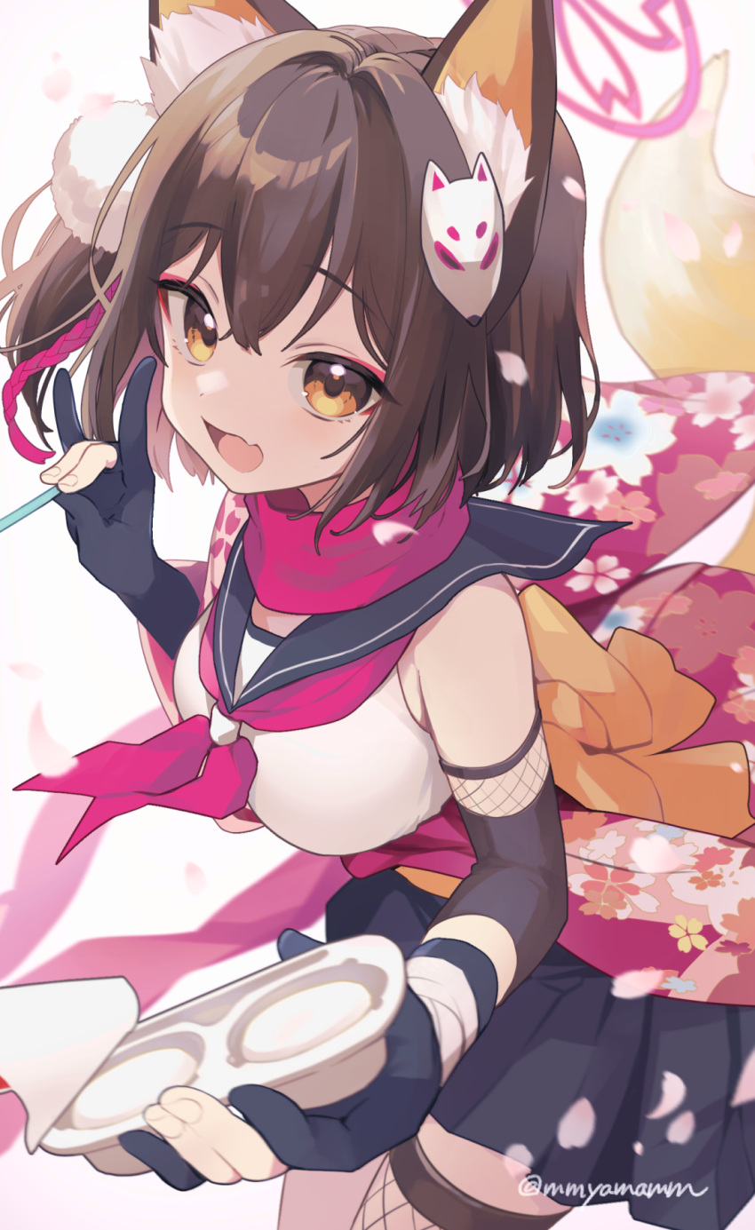 1girl animal_ear_fluff animal_ears black_gloves black_skirt blue_archive blue_sailor_collar breasts brown_hair colored_inner_animal_ears elbow_pads fang floral_print_kimono fox_ears fox_girl fox_shadow_puppet fox_tail gloves hadanugi_dousa halo hand_up highres holding izuna_(blue_archive) japanese_clothes kimono looking_at_viewer medium_breasts momoyama_momo neckerchief open_mouth partially_fingerless_gloves pink_halo pink_kimono pink_neckerchief pink_scarf sailor_collar scarf shirt skin_fang skirt sleeveless sleeveless_shirt smile solo tail twitter_username yellow_eyes