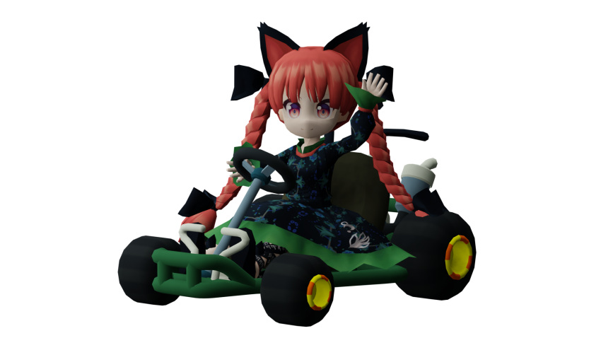 1girl 3d animal_ears black_dress blender_(medium) braid cat_ears cat_girl dress go-kart highres kaenbyou_rin legoman555 looking_at_viewer mario_(series) mario_kart mario_kart_64 pipe_frame_(mario) red_eyes red_hair self-upload steering_wheel touhou twin_braids waving