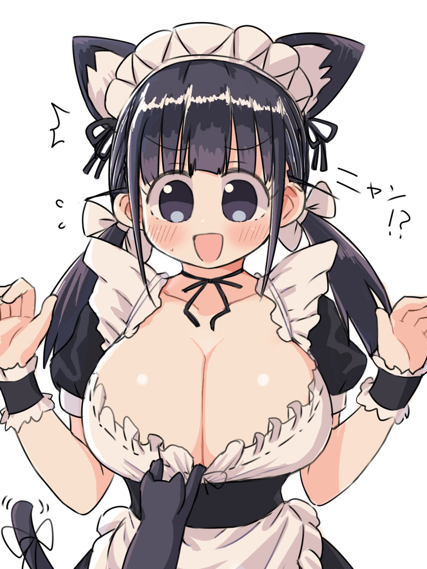 1girl animal_ears apron black_eyes black_hair bow breasts cat_ears cat_girl cat_tail choker cleavage clothes_pull commentary_request dress dress_pull frilled_dress frills hair_bow highres huge_breasts kemonomimi_mode maid_(naitou_kouse) naitou_kouse open_mouth original puffy_short_sleeves puffy_sleeves ribbon short_sleeves smile solo tail tail_ornament tail_ribbon translation_request twintails underbust waist_apron wrist_cuffs