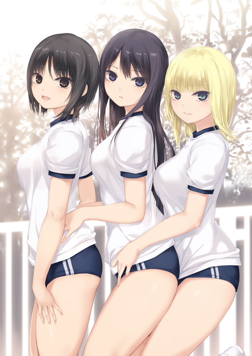 3girls black_hair blonde_hair blue_buruma blue_eyes breasts brown_eyes brown_hair buruma closed_mouth coffee-kizoku commentary_request fence from_side green_eyes gym_shirt hair_between_eyes hand_on_another's_waist highres large_breasts long_hair looking_at_viewer medium_breasts multiple_girls open_mouth original parted_bangs shirt short_hair short_sleeves smile thighs tree white_shirt
