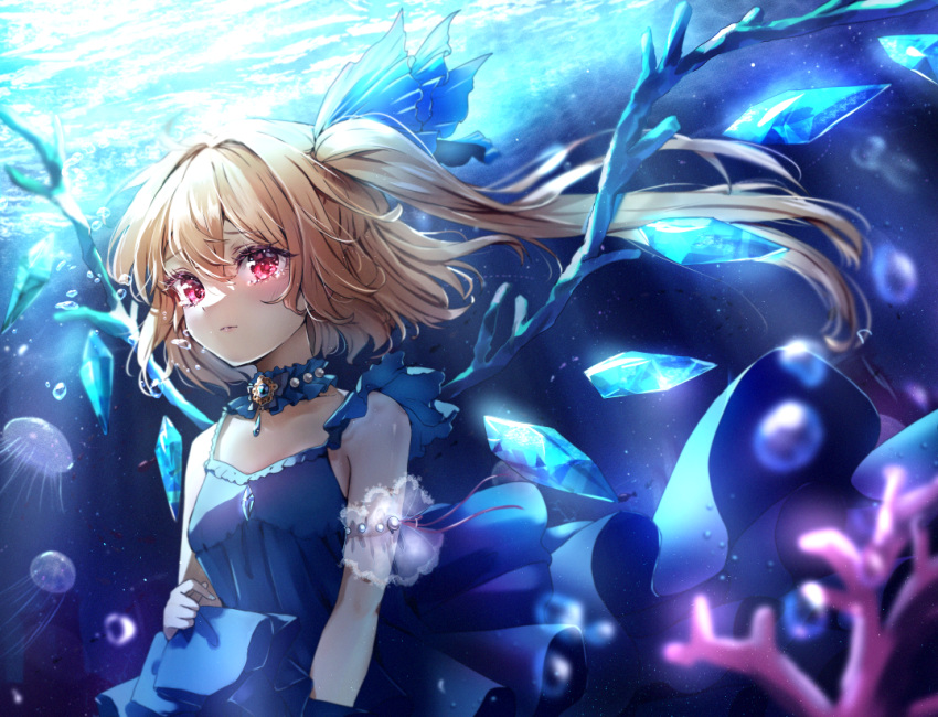 1girl air_bubble alternate_costume animal blonde_hair blue_dress blush breasts bubble closed_mouth crystal dress flandre_scarlet jellyfish long_hair one_side_up red_eyes shironeko_yuuki small_breasts solo tears touhou underwater upper_body wings