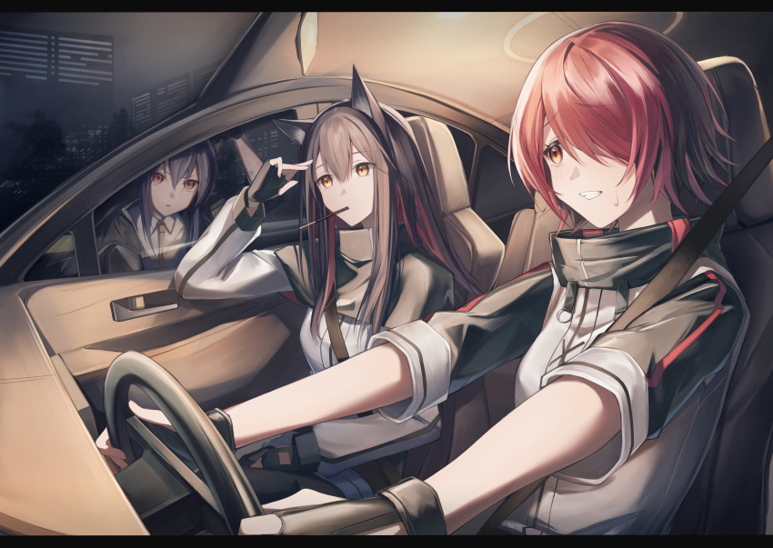 3girls absurdres animal_ear_fluff animal_ears arknights arm_rest arm_up black_capelet black_gloves black_hair black_jacket black_pantyhose black_sky black_straps blue_hair breasts brown_horns building capelet car_interior car_seat ch'en_(arknights) city city_lights cityscape clear_sky clenched_teeth closed_mouth collared_capelet collared_jacket collared_shirt colored_inner_hair commentary_request cowboy_shot double-parted_bangs dragon_girl dragon_horns dress_shirt expressionless exusiai_(arknights) facing_viewer fingerless_gloves fingernails food food_in_mouth from_side frown gloves grin hair_between_eyes hair_flowing_over hair_over_eyes hair_over_one_eye halo hand_on_lap hand_rest hand_to_head high_collar highres holding horns jacket leaning leaning_against_vehicle leaning_forward light_blush long_hair long_sleeves looking_afar looking_ahead looking_at_another medium_breasts mouth_hold multicolored_clothes multicolored_hair multicolored_jacket multiple_girls necktie nervous nervous_smile night o-ring_strap one_eye_covered open_clothes open_jacket orange_eyes outdoors outstretched_arms outstretched_hand pantyhose parted_lips pocky pocky_in_mouth puffy_long_sleeves puffy_sleeves r_oot rear-view_mirror red_eyes red_hair seatbelt shadow shirt short_hair side-view_mirror sidelocks single_vertical_stripe sitting sky sleeve_cuffs smile standing steering_wheel strap streaked_hair striped striped_jacket sweatdrop swept_bangs teeth texas_(arknights) two-tone_hair two-tone_jacket upper_body v-shaped_eyebrows vertical-striped_jacket vertical-striped_sleeves vertical_stripes white_jacket white_shirt windshield wing_collar wolf_ears wolf_girl yellow_halo yellow_necktie