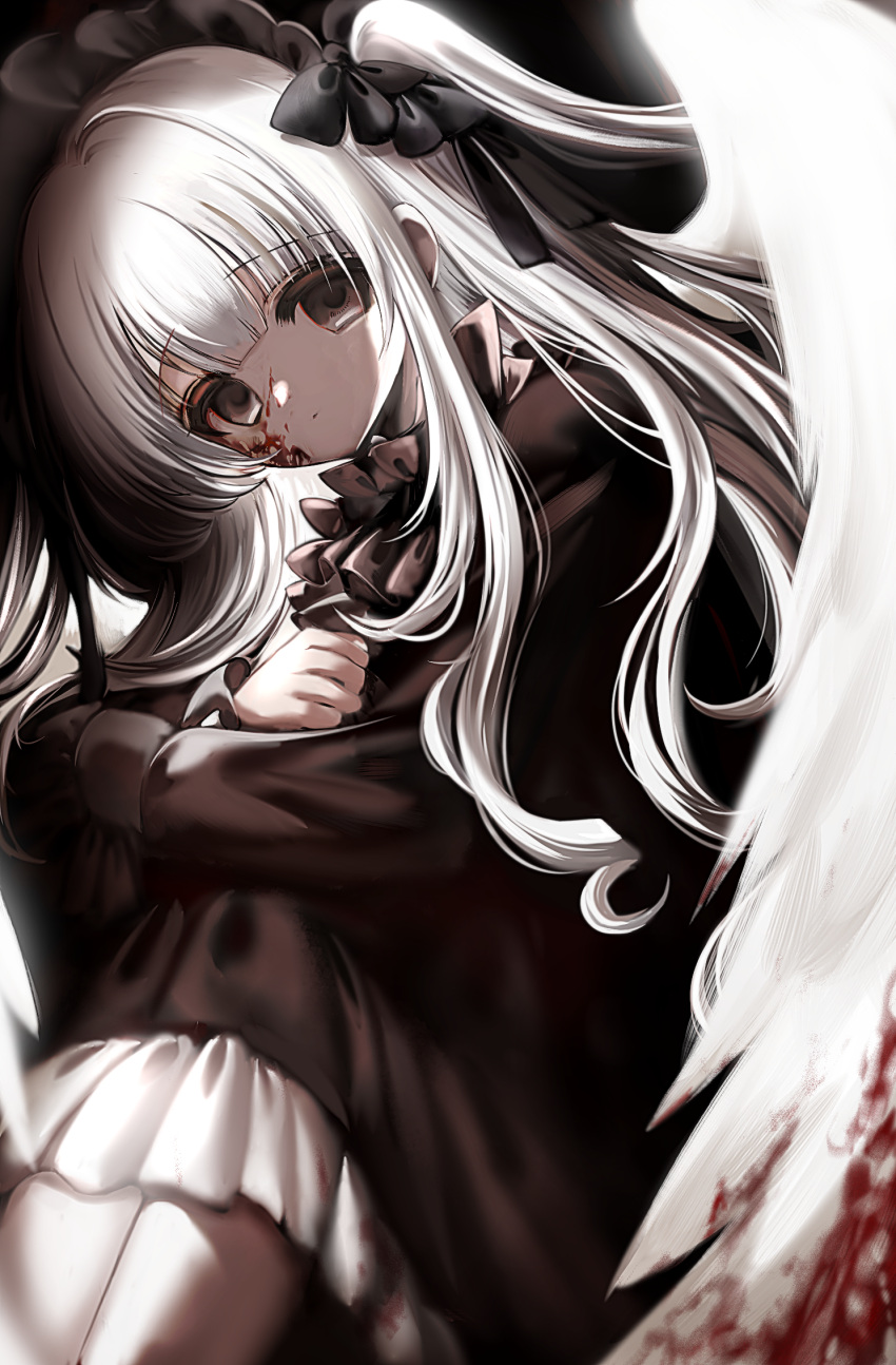 1girl angel angel_wings black_bow black_dress black_hairband blood blood_on_face bloody_wings blunt_bangs bow brown_eyes clenched_hand closed_mouth commentary_request dress feathered_wings feet_out_of_frame frilled_dress frills gothic gothic_lolita hair_bow hairband highres hugging_own_legs knees_up lolita_fashion lolita_hairband long_hair long_sleeves looking_at_viewer medibang_paint_(medium) neckwear_request original partial_commentary raiyo_(pixiv16261673) sitting sleeves_past_wrists solo straight_hair two_side_up white_hair white_wings wings