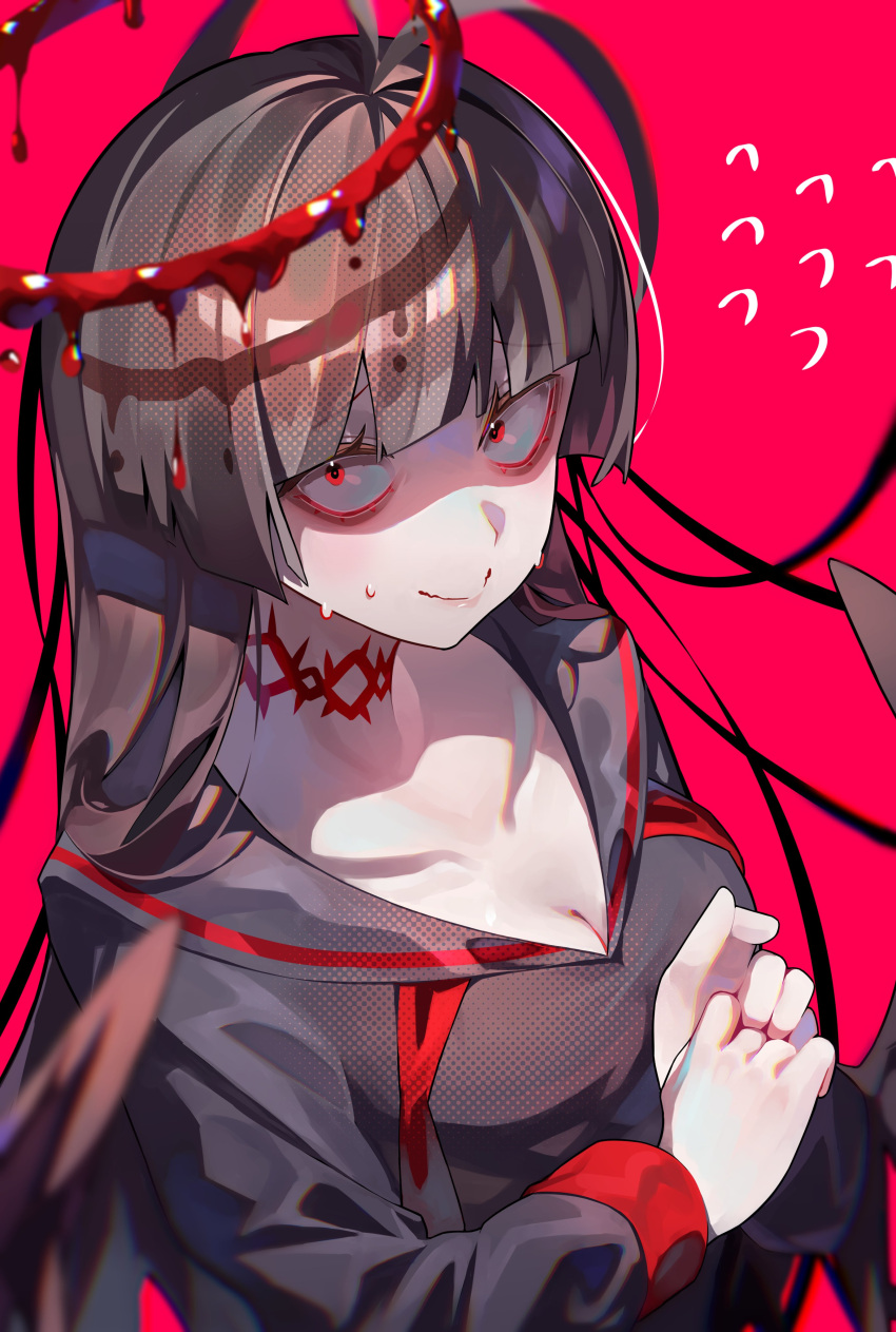 1girl absurdres antenna_hair black_hair black_sailor_collar black_serafuku black_shirt blue_archive blunt_bangs breasts choker cleavage closed_mouth collarbone commentary_request flying_sweatdrops halo hands_up highres hiro_(yoshi_chan) long_hair long_sleeves looking_at_viewer melting_halo nervous_sweating red_background red_choker red_eyes red_halo sailor_collar school_uniform serafuku shirt solo sweat tsurugi_(blue_archive) wavy_mouth
