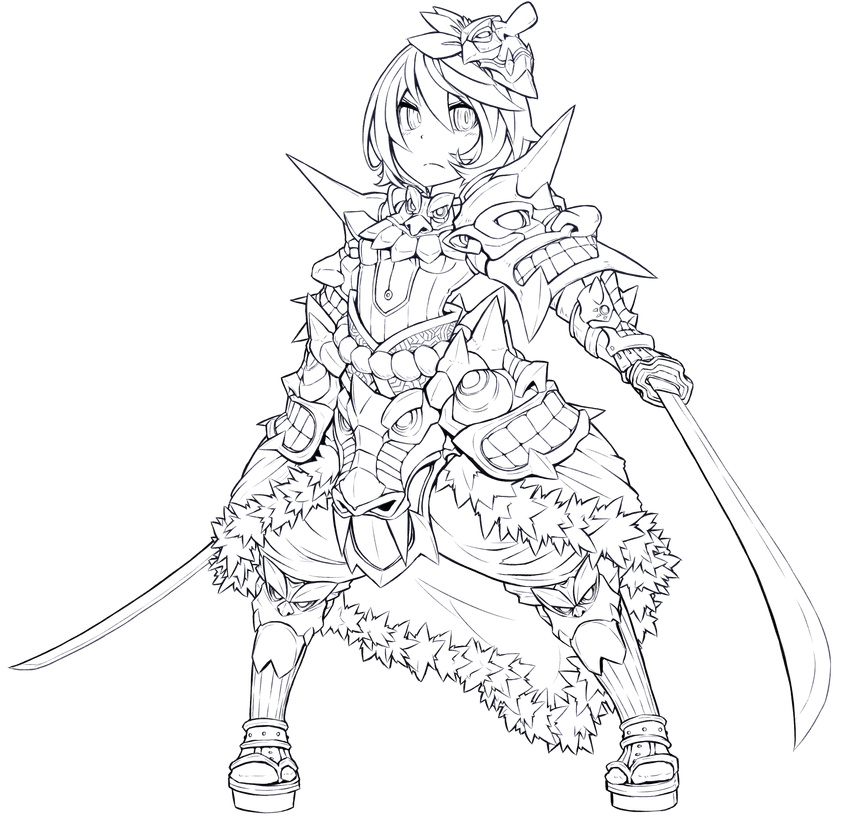 armor dual_wielding highres holding lineart monochrome original ros short_hair solo sword weapon