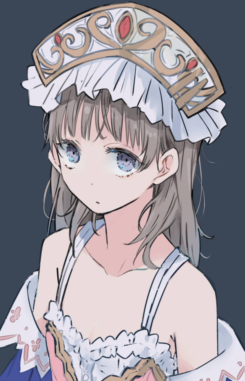 1girl absurdres atelier_(series) atelier_totori bare_shoulders blue_sleeves brown_eyes brown_hair closed_mouth collarbone detached_sleeves dress hair_ornament hat highres long_hair looking_at_viewer maromi_(am97) simple_background solo totooria_helmold