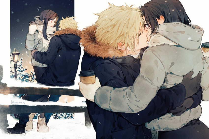 1boy 1girl black_coat black_footwear black_gloves black_hair black_pants blonde_hair blush closed_eyes cloud_strife coat commentary couple cup disposable_cup ear_blush final_fantasy final_fantasy_vii final_fantasy_vii_remake fur-trimmed_coat fur_trim gloves grey_coat hetero highres holding holding_cup hood hood_down hooded_coat hug kiss lamppost long_hair looking_at_another maiii_(smaii_i) multiple_views night night_sky open_mouth outdoors pants red_eyes scarf single_sidelock sitting sky snow snowing spiked_hair symbol-only_commentary tifa_lockhart tree white_footwear white_gloves white_scarf winter_clothes winter_coat