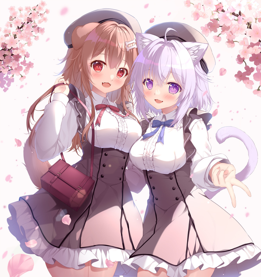 2girls :d ahoge animal_ear_fluff animal_ears bag beret blush bone_hair_ornament branch breasts brown_hair brown_headwear brown_skirt cartoon_bone cat_ears cat_girl cat_tail center_frills commentary_request dog_ears dog_girl dog_tail fangs flower frilled_skirt frills hair_between_eyes hair_intakes hair_ornament hand_up hat high-waist_skirt highres hololive inugami_korone long_sleeves looking_at_viewer matching_outfits medium_breasts mikeou multiple_girls nekomata_okayu petals pink_flower puffy_long_sleeves puffy_sleeves purple_eyes purple_hair red_eyes shirt shoulder_bag skirt sleeves_past_wrists smile standing tail v virtual_youtuber white_shirt