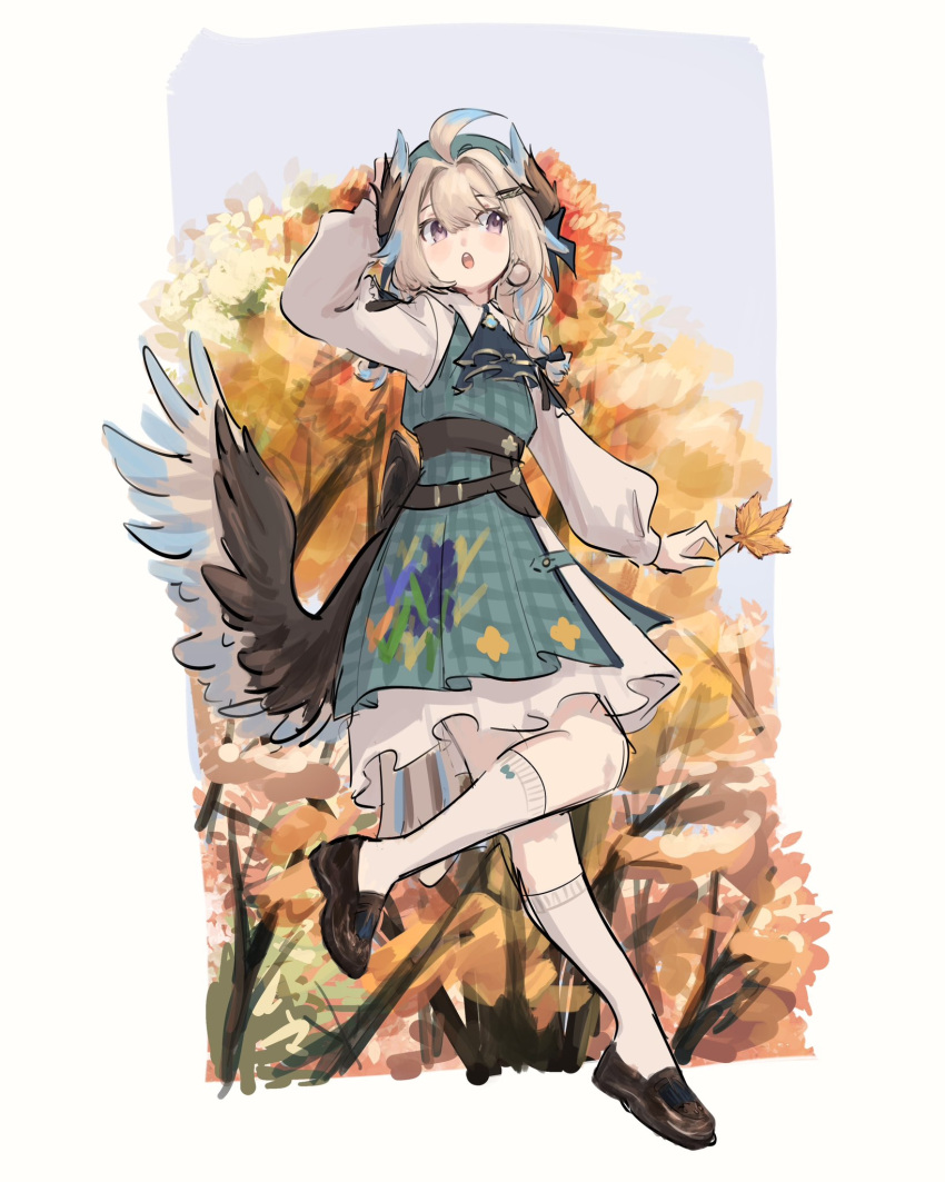 1girl ahoge autumn beret blonde_hair blue_hair braid brown_footwear brown_wings cereu57 collared_dress dress enna_alouette enna_alouette_(3rd_costume) full_body green_dress green_headwear hat highres loafers low_wings multicolored_hair nijisanji nijisanji_en official_alternate_costume open_mouth plaid plaid_dress purple_eyes shoes socks solo streaked_hair tree twin_braids white_dress white_socks wings