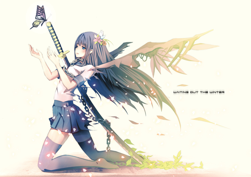 bad_id bad_pixiv_id bdsm black_hair blue_eyes bondage bound bug butterfly chain collar flower hair_flower hair_ornament impaled insect katana kneeling leaf long_hair merontomari original petals school_uniform serafuku skirt slave solo sword thighhighs torn_clothes weapon wings