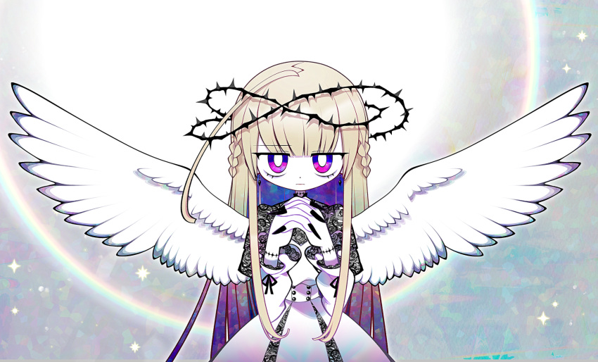 1girl angel_wings black_nails black_ribbon blonde_hair braid bright_pupils colored_skin crown_of_thorns crystal_earrings dress earrings feathered_wings funamusea_(artist) highres indie_utaite jewelry lens_flare light_particles lume_(utaite) nail_polish non-web_source official_art patterned_clothing purple_eyes ribbon senten-sei_hato_desire_shokogun_(lume) solo utaite white_background white_dress white_pupils white_skin wings