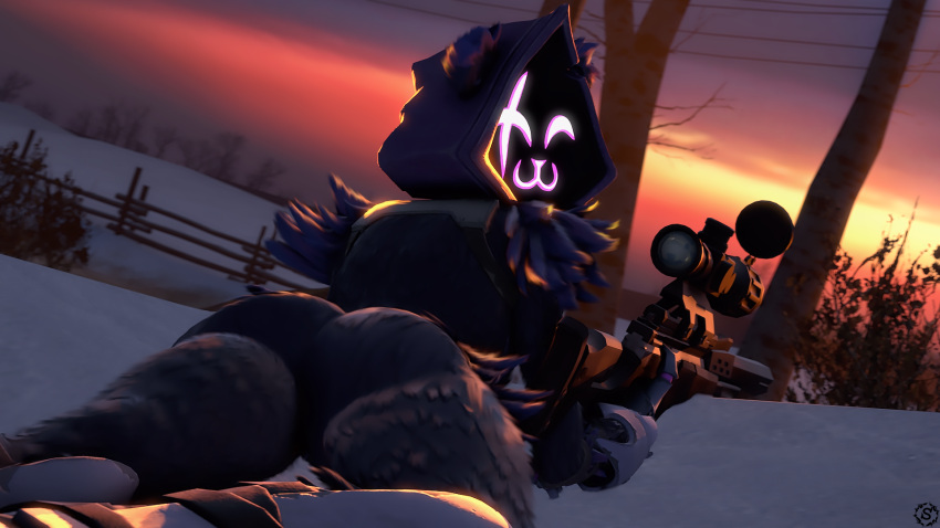 2023 anthro bear butt epic_games female fortnite hi_res looking_back lying mammal on_front raven_team_leader saimon smile sniper snow solo sunset weapon