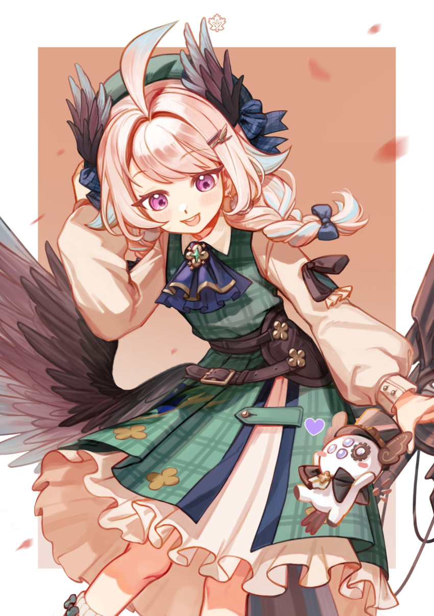 1girl absurdres ahoge aloupeep_(enna_alouette) ascot beret blonde_hair blue_ascot blue_hair braid brown_wings dress enna_alouette enna_alouette_(3rd_costume) green_dress green_headwear guan63947624 hat head_wings highres long_sleeves low_wings mechanical_wings multicolored_hair nijisanji nijisanji_en official_alternate_costume open_mouth plaid plaid_dress purple_eyes smile solo streaked_hair swept_bangs twin_braids white_dress wings