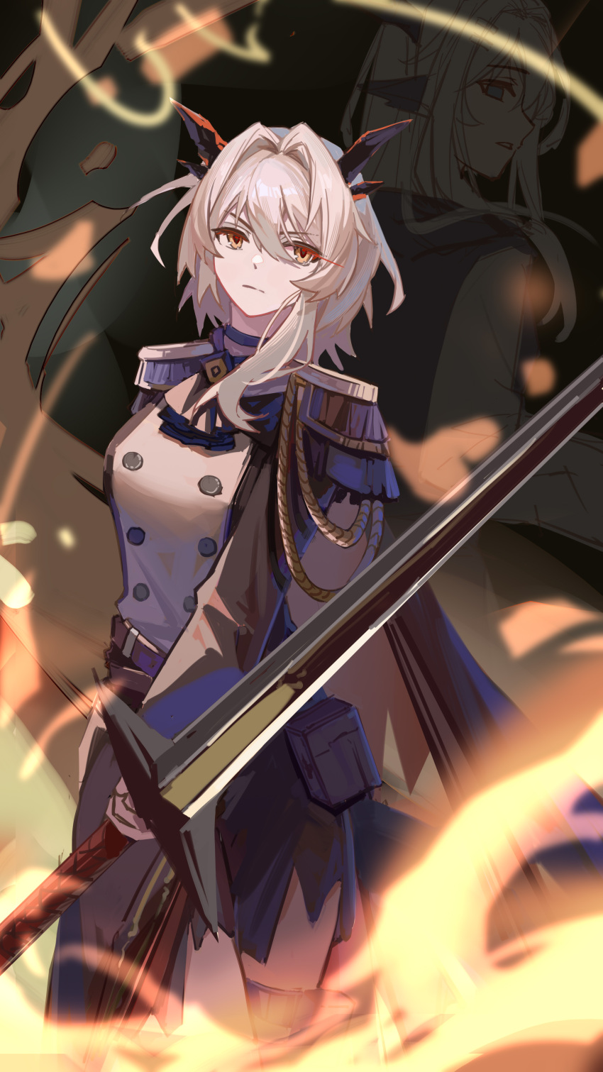 1girl absurdres alina_(arknights) arknights ascot black_ascot breasts cowboy_shot dragon_girl dragon_horns epaulettes falseartstu fire grey_hair hair_between_eyes highres holding holding_sword holding_weapon horns long_sleeves looking_at_viewer medium_hair official_alternate_costume small_breasts solo sword talulah_(arknights) talulah_the_fighter_(arknights) v-shaped_eyebrows weapon