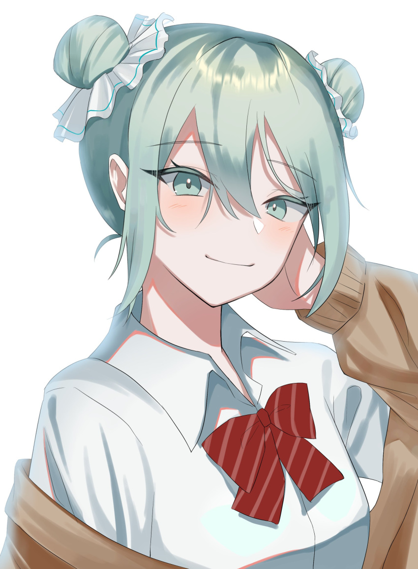 1girl absurdres alternate_hairstyle aqua_eyes aqua_hair arm_behind_head blush bow bowtie brown_cardigan cardigan closed_mouth collared_shirt commentary diagonal-striped_bow diagonal-striped_bowtie diagonal_stripes double_bun dress_shirt hair_between_eyes hair_bun hatsune_miku highres long_sleeves looking_at_viewer off_shoulder red_bow red_bowtie shirt short_hair sidelocks simple_background solo striped tsukuno_tsuki upper_body vocaloid white_background white_shirt