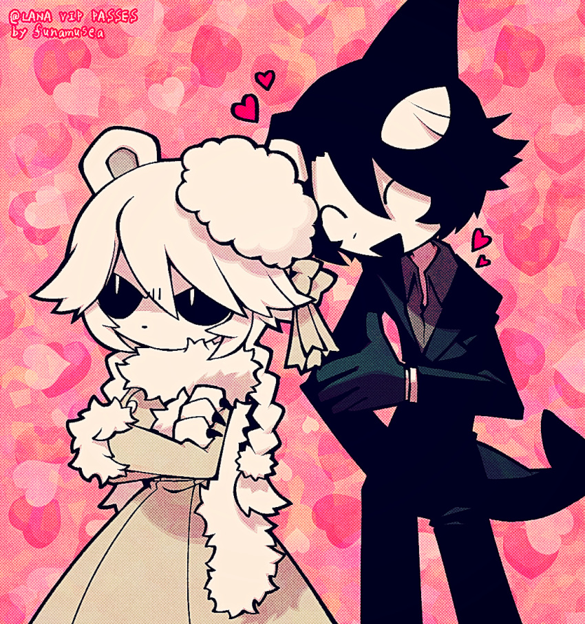 1boy 1girl animal_ears bear_ears bear_girl bear_paws black_gloves black_hair black_sclera black_suit bow braid cetacean_tail closed_eyes coat colored_sclera colored_skin commission fins fish_tail funamusea funamusea_(artist) fur_coat fur_hat gloves hat hat_bow heart heart_background ice_scream multicolored_hair no_mouth official_art open_mouth orca_boy pink_hair rocma_(ice_scream) single_braid skeb_commission smile suit tail two-tone_hair white_eyes white_hair white_skin