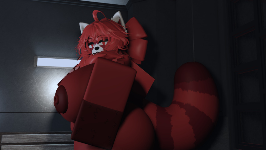 3d_(artwork) anthro asimovad big_breasts big_butt breasts butt clothing curvy_figure digital_media_(artwork) female fur hair hi_res legwear red_body red_eyes red_fur red_hair roblox robloxian smile solo thick_thighs thigh_highs vivian_red voluptuous voluptuous_female white_ears