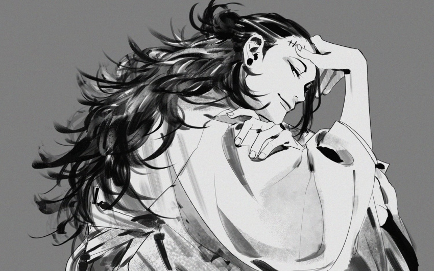 1boy chenalii earrings getou_suguru greyscale hand_on_own_arm hand_on_own_forehead japanese_clothes jewelry jujutsu_kaisen kimono long_hair looking_at_viewer loose_hair_strand male_focus monochrome scar scar_on_face scar_on_forehead simple_background smile solo stitched_face stitches stud_earrings upper_body