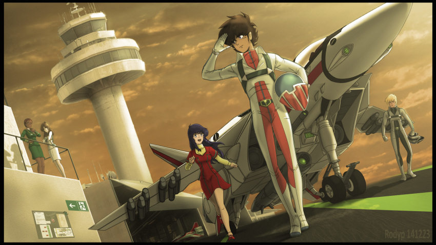 2boys 3girls afro aircraft alternate_universe blonde_hair boots building choujikuu_yousai_macross claudia_lasalle cloud control_tower dark_skin door dress dusk dutch_angle fake_screenshot fan_racer good_end gunpod hangar hayase_misa helmet highres ichijou_hikaru landing_gear long_hair lynn_minmay macross military military_base missile mullet multiple_boys multiple_girls officer pilot_suit radio_antenna robotech rodypaxten roy_focker salute science_fiction shadow short_hair sideburns skirt sliding_doors spacesuit tire u.n._spacy uniform unworn_headwear unworn_helmet variable_fighter vf-1 vf-1j when_you_see_it