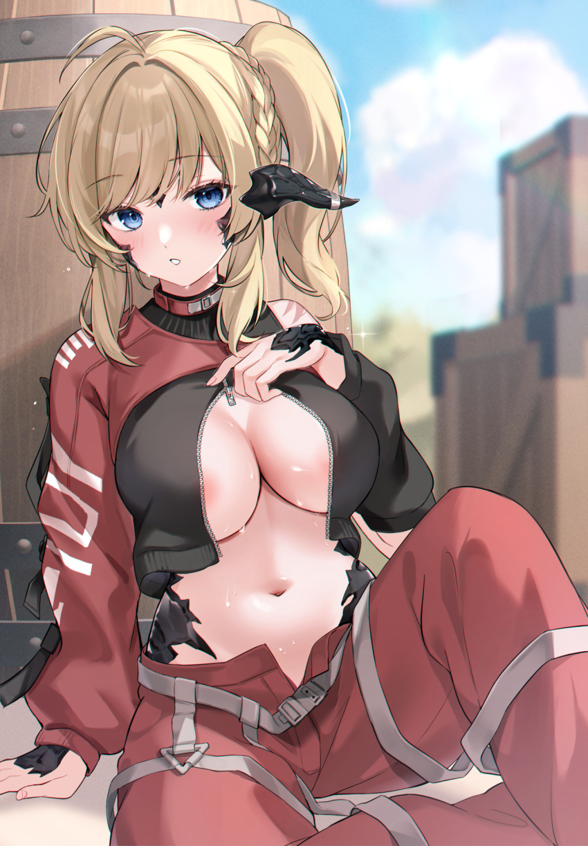 1girl ahoge areola_slip asymmetrical_clothes au_ra barrel belt blonde_hair blue_eyes blurry blurry_background blush braid breasts closed_mouth crate day depth_of_field final_fantasy final_fantasy_xiv highres large_breasts long_hair long_sleeves looking_at_viewer music navel outdoors pants parted_lips red_pants scales side_ponytail sidelocks singing sitting sparkle suzumori_(su2525) sweat zipper_pull_tab