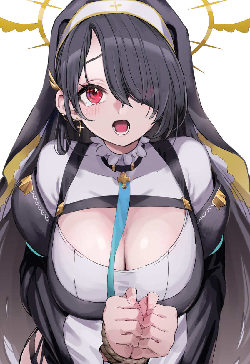 1girl absurdres black_hair blue_archive blue_necktie blush breasts cleavage coif eyes_visible_through_hair habit hair_over_one_eye halo highres hinata_(blue_archive) large_breasts long_hair long_sleeves looking_at_viewer necktie nun open_mouth pizzasi red_eyes restrained rope simple_background sleeve_garter solo upper_body white_background wide_sleeves yellow_halo