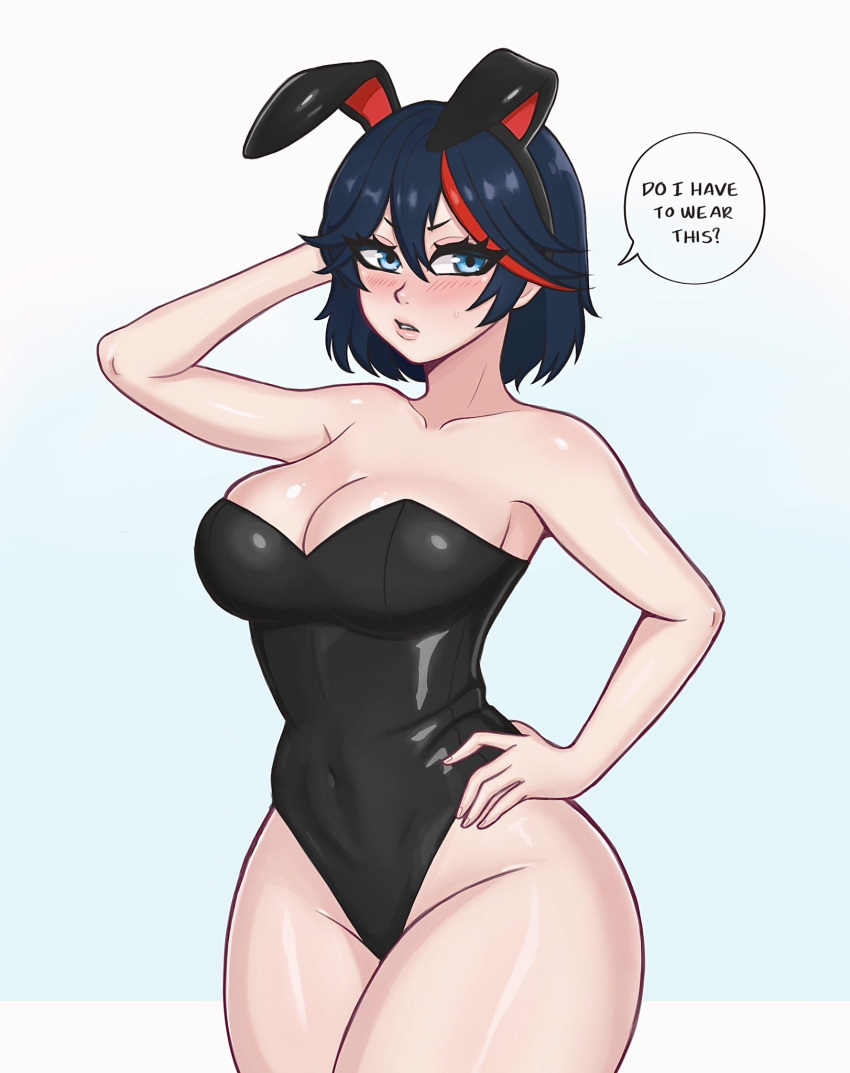 1girl animal_ears arm_behind_head bare_legs black_hair black_leotard blue_eyes blush breasts cleavage collarbone covered_navel cowboy_shot curvy embarrassed english_text fake_animal_ears hand_on_own_hip highres kill_la_kill large_breasts leotard matoi_ryuuko mikopixy multicolored_hair rabbit_ears short_hair simple_background solo strapless strapless_leotard streaked_hair wide_hips