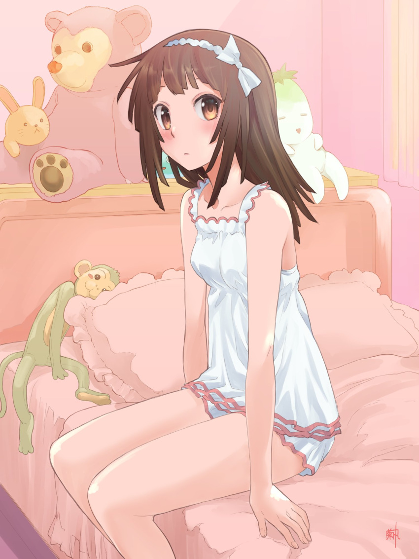 1girl arms_at_sides artist_name bare_shoulders bed bedroom blush bow breasts brown_hair choppy_bangs closed_mouth collarbone commentary curtains dress expressionless feet_out_of_frame frilled_nightgown frilled_pillow frills from_side hair_bow hairband headboard highres indoors kikumaru_bunta looking_at_viewer looking_to_the_side medium_hair monogatari_(series) nightgown on_bed pillow revision sengoku_nadeko short_dress signature sitting small_breasts solo stuffed_animal stuffed_monkey stuffed_rabbit stuffed_toy teddy_bear translated white_bow white_dress white_hairband white_nightgown window