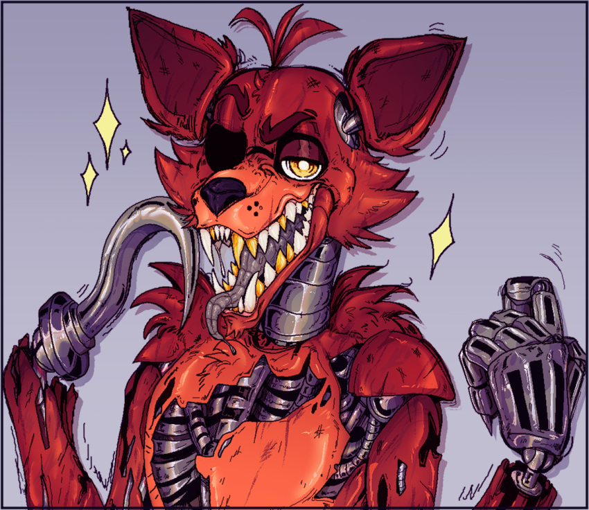 ambiguous_gender animatronic anthro exposed_endoskeleton five_nights_at_freddy's foxy_(fnaf) fur gold_(metal) gold_tooth hook hook_hand looking_at_viewer machine red_body red_fur robot scottgames simple_background solo srpayt0n