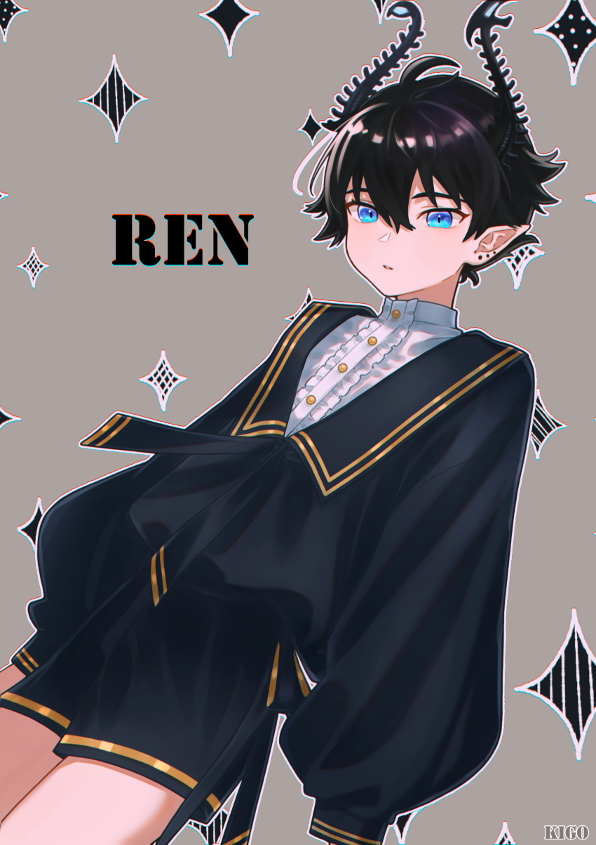 1boy absurdres alternate_costume black_hair black_horns black_shorts blue_eyes character_name dress_shirt edogawa_kigoro frilled_shirt frills highres horns male_focus nijisanji nijisanji_en pointy_ears ren_zotto shirt shorts solo virtual_youtuber white_shirt yellow_trim