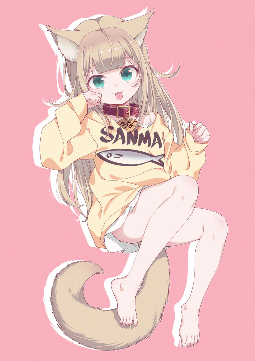 1girl 40hara :p animal_ears aqua_eyes bare_legs barefoot cat_ears cat_girl cat_tail extra_ears full_body highres kinako_(40hara) light_brown_hair long_hair long_sleeves looking_at_viewer no_pants original pink_background shirt simple_background sweater tail tongue tongue_out white_shirt yellow_sweater