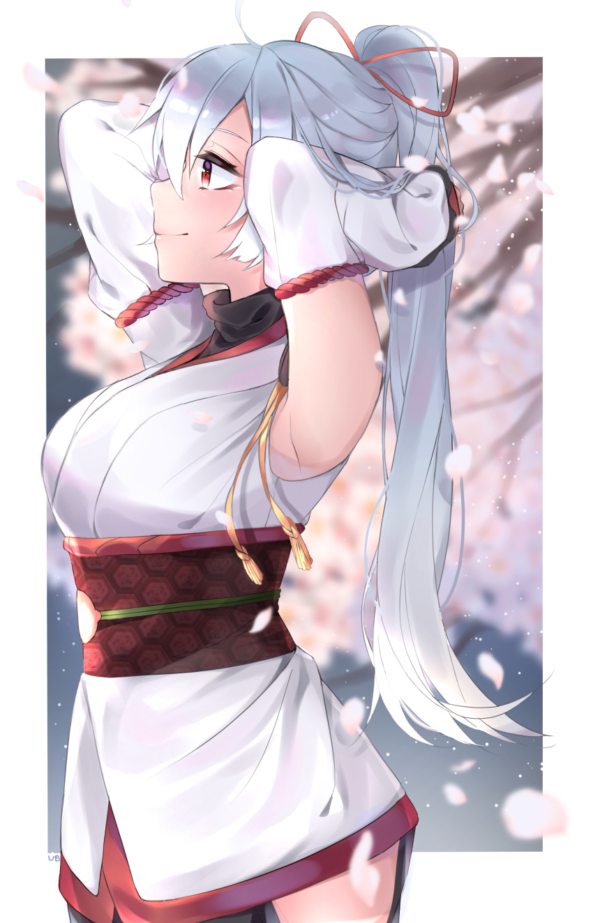1girl absurdres arms_up artist_name blurry blurry_background bow breasts detached_sleeves eyebrows_visible_through_hair fate/grand_order fate_(series) grey_hair hair_bow hair_ribbon highres japanese_clothes kimono long_hair petals ponytail red_eyes ribbon short_kimono smile snowflakes snowing solo tomoe_gozen_(fate/grand_order)