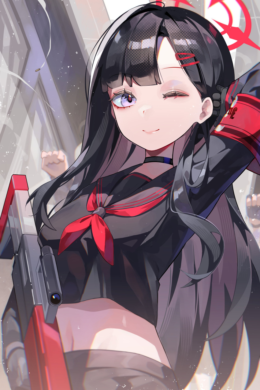 1girl 2others absurdres arm_up black_choker black_hair black_sailor_collar black_serafuku black_shirt black_skirt blue_archive choker closed_mouth cropped_shirt gun hair_behind_ear hair_ornament hairclip halo highres hiro_(yoshi_chan) holding holding_gun holding_weapon ichika_(blue_archive) long_hair long_sleeves looking_at_viewer midriff multiple_others navel neckerchief one_eye_closed parted_bangs purple_eyes red_halo red_neckerchief sailor_collar school_uniform serafuku shirt skirt smile solo_focus upper_body weapon