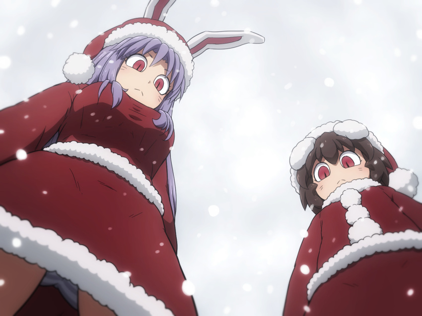 2girls :&lt; alternate_costume animal_ears breasts brown_hair closed_mouth commentary cowboy_shot expressionless flat_chest floppy_ears from_below fur-trimmed_headwear fur-trimmed_skirt fur_trim hat inaba_tewi large_breasts long_hair long_sleeves looking_at_viewer looking_down medium_bangs multiple_girls panties pom_pom_(clothes) purple_hair rabbit_ears rabbit_girl red_eyes red_headwear red_shirt reisen_udongein_inaba santa_costume santa_hat shirosato shirt short_hair skirt slit_pupils snowing split_mouth striped striped_panties symbol-only_commentary touhou underwear upskirt whiskers