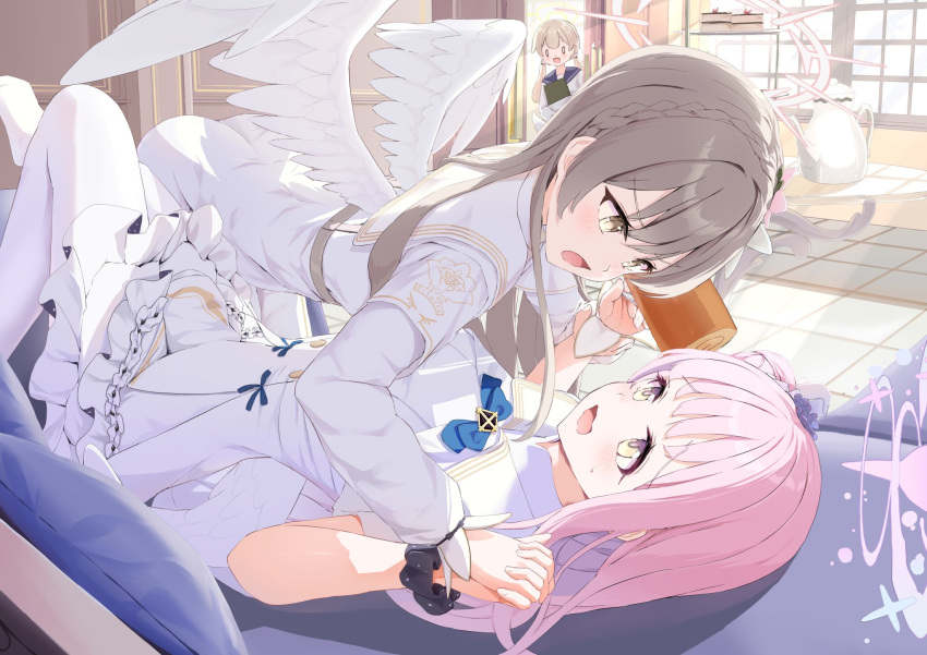 3girls blue_archive braid brown_eyes brown_hair capelet crossed_arms dress feathered_wings flower hair_bun hair_flower hair_ornament hair_scrunchie halo hifumi_(blue_archive) highres long_hair looking_at_another low_wings lying matcha_(user_yyss8744) mika_(blue_archive) multiple_girls nagisa_(blue_archive) on_back open_mouth pantyhose pink_hair scrunchie single_hair_bun sleeveless sleeveless_dress sweat white_capelet white_dress white_pantyhose white_wings wings wrist_scrunchie yellow_eyes