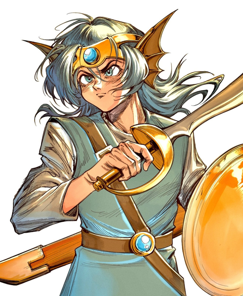 1boy belt brown_belt closed_mouth dragon_quest dragon_quest_iv eyelashes grey_eyes grey_hair grey_tunic headgear hero_(dq4) highres holding holding_shield holding_sword holding_weapon long_hair long_sleeves looking_to_the_side male_focus oldkin shield shirt simple_background solo sword weapon white_background white_shirt zenithian_sword