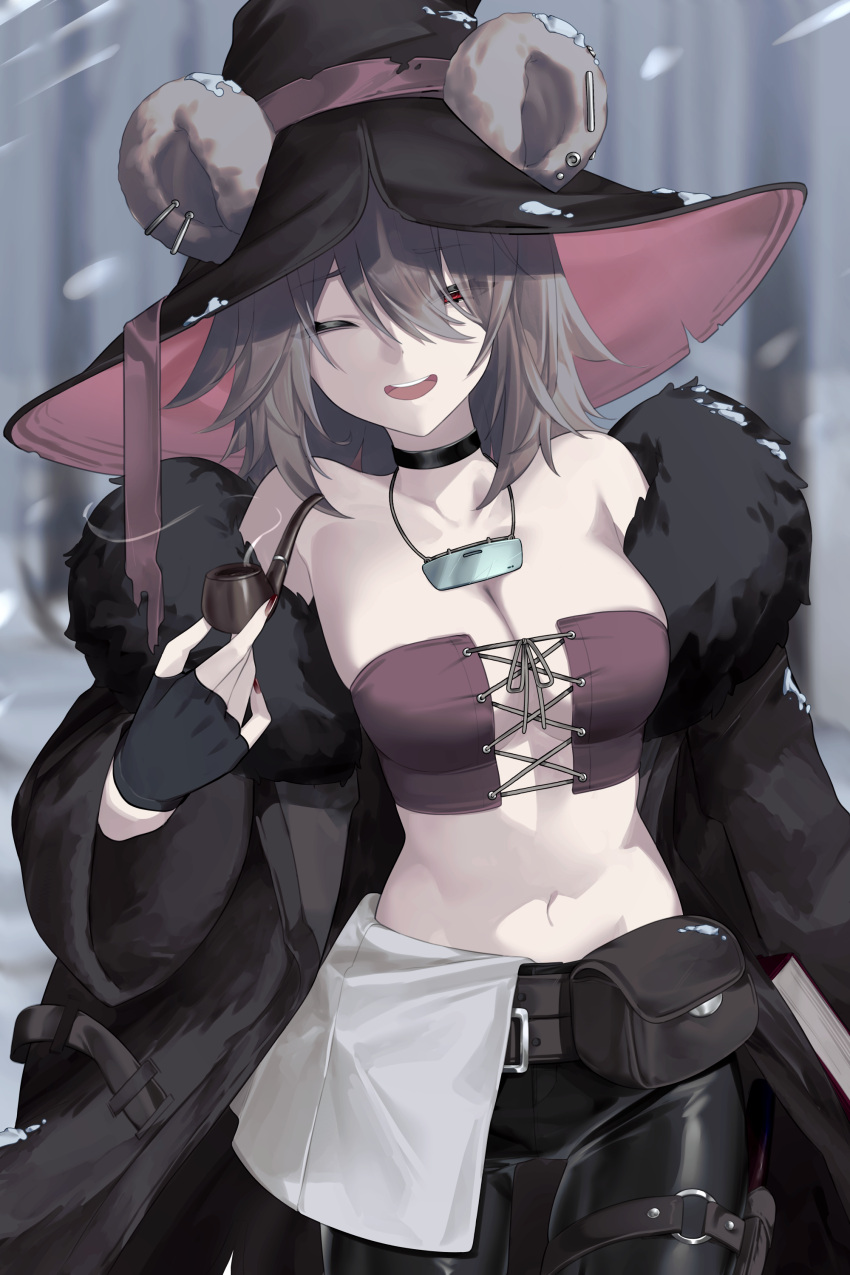 1girl ;d absurdres animal_ears bare_shoulders belt black_belt black_choker black_coat black_gloves black_headwear black_pants breasts character_request choker coat commentary copyright_request crop_top ears_through_headwear fingerless_gloves fur-trimmed_coat fur_trim gloves grey_hair hat highres holding leggings long_hair long_sleeves looking_at_viewer midriff nail_polish navel one_eye_closed open_clothes open_coat open_mouth pants purple_nails red_eyes smile smoking_pipe solo stomach strapless thigh_strap thighs tube_top wakamepiza witch_hat