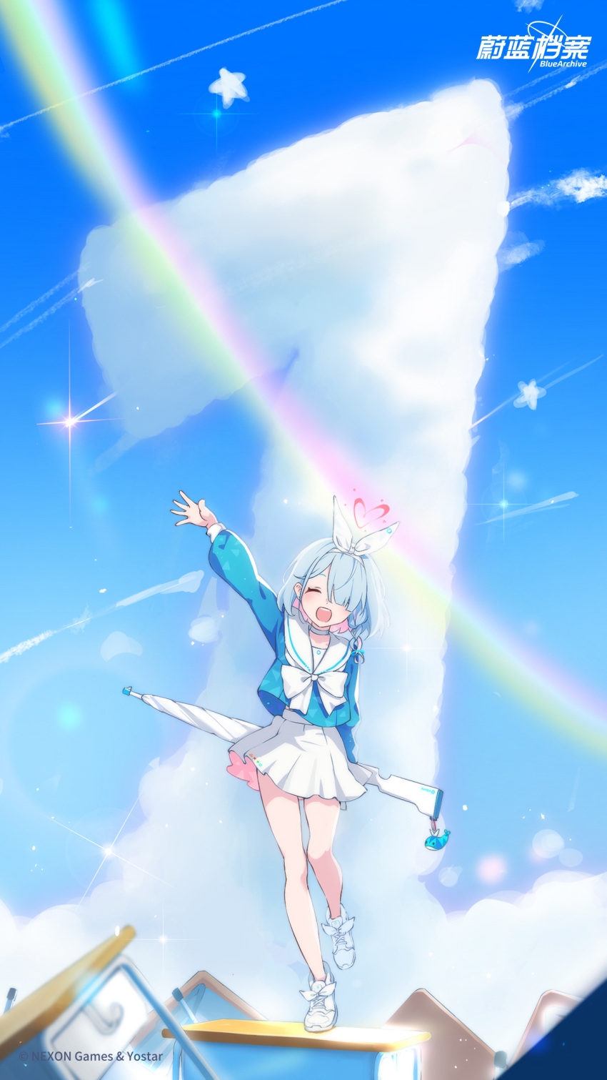 1girl arm_up arona_(blue_archive) blue_archive blue_eyes blue_hair blue_sky blush bow chinese_commentary chinese_text closed_eyes cloud countdown day flying full_body hair_ornament highres holding long_hair long_sleeves looking_at_viewer official_art open_mouth outdoors outstretched_arms pleated_skirt school_uniform shirt shoes short_hair skirt sky smile solo standing twintails white_footwear white_skirt you_guo_chaocai