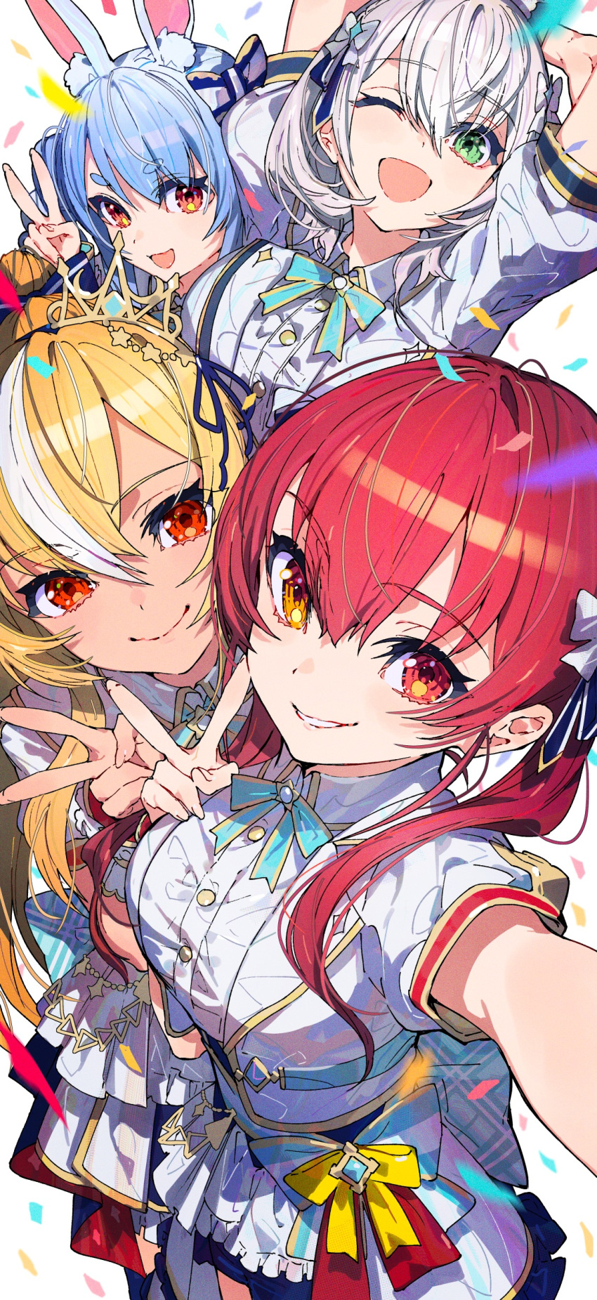 4girls :d ;d absurdres animal_ears arms_behind_head blonde_hair blue_hair blue_ribbon bow breasts closed_mouth confetti dress_shirt eyelashes green_eyes hair_bow hair_ornament hair_ribbon heterochromia highres hikimayu hololive houshou_marine large_breasts long_hair looking_at_viewer mika_pikazo multicolored_hair multiple_girls neck_ribbon one_eye_closed open_mouth outstretched_arm parted_lips ponytail rabbit_ears red_eyes red_hair ribbon shiranui_flare shirogane_noel shirt short_hair short_sleeves skirt smile star_(symbol) star_hair_ornament streaked_hair striped striped_bow tiara twintails usada_pekora v white_background white_bow white_hair white_shirt yellow_eyes
