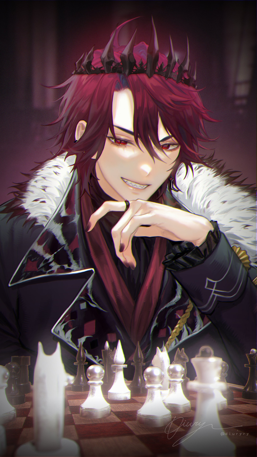 1boy absurdres ahoge artist_name black_jacket board_game chess chess_piece chessboard crown diury frilled_sleeves frills fur-trimmed_jacket fur_trim hair_between_eyes hand_on_own_chin highres holostars holostars_english jacket jewelry jurard_t_rexford long_sleeves looking_at_viewer male_focus nail_polish parted_bangs red_eyes red_hair ring sharp_teeth short_hair slit_pupils smile solo teeth twitter_username virtual_youtuber