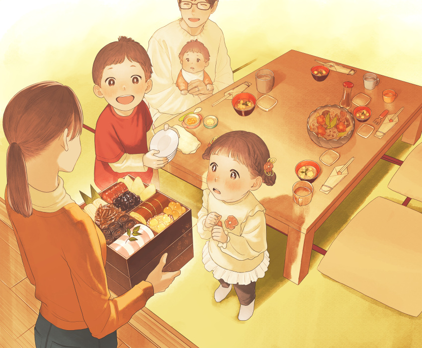 1other 2boys 2girls baby bib black_pants braid brown_hair child chopsticks closed_eyes cushion dinner dress family flower food glasses hair_flower hair_ornament highres holding_baby indoors kanai_(nai_nai) multiple_boys multiple_girls orange_shirt pants plate ponytail red_shirt shirt short_hair sitting socks soy_sauce spoon standing t-shirt table tatami white_socks yellow_dress