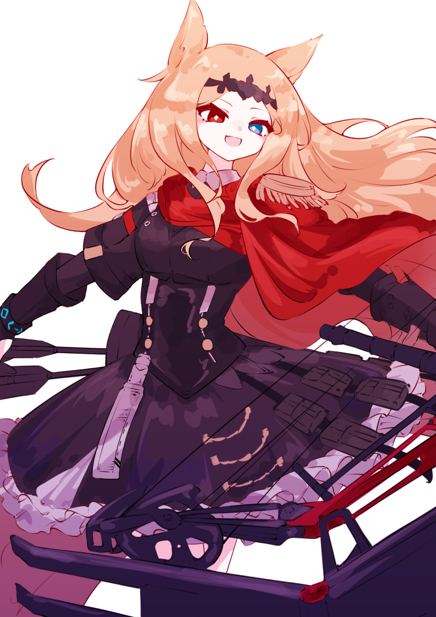 1girl :d animal_ears archetto_(arknights) arknights arrow_(projectile) black_dress black_gloves blonde_hair blue_eyes bow_(weapon) breasts bright_pupils cape compound_bow cowboy_shot dress elbow_gloves frilled_dress frills gloves highres holding holding_bow_(weapon) holding_weapon long_hair looking_at_viewer nazo_no_hana open_mouth quiver red_cape red_eyes simple_background small_breasts smile solo very_long_hair weapon white_background white_pupils