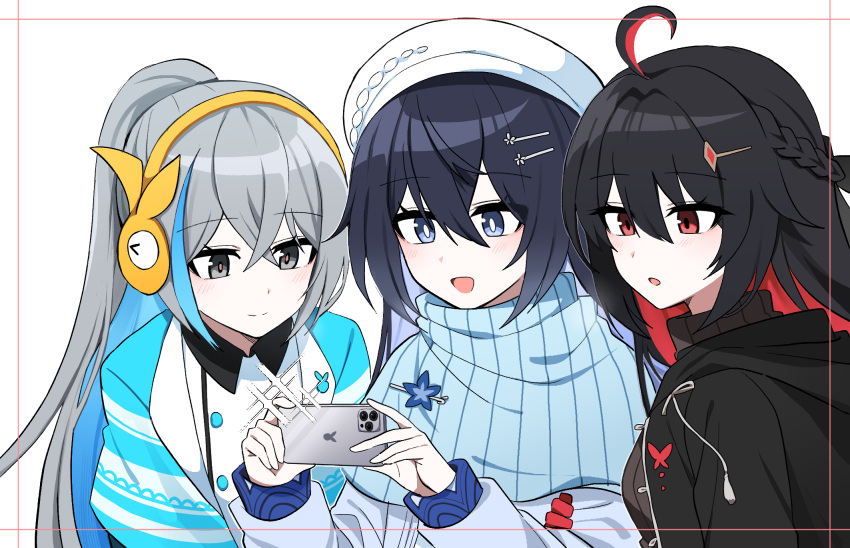 3girls :o black_hair black_jacket black_shirt blue_eyes blue_hair blue_jacket blue_scarf border cellphone character_request closed_mouth colored_inner_hair commentary english_commentary grey_eyes grey_hair hat highres holding holding_phone honkai_(series) honkai_impact_3rd jacket lix_(iroiro3843) multicolored_hair multiple_girls open_mouth parted_lips phone ponytail red_eyes red_hair scarf shirt simple_background smile streaked_hair white_background white_headwear white_jacket