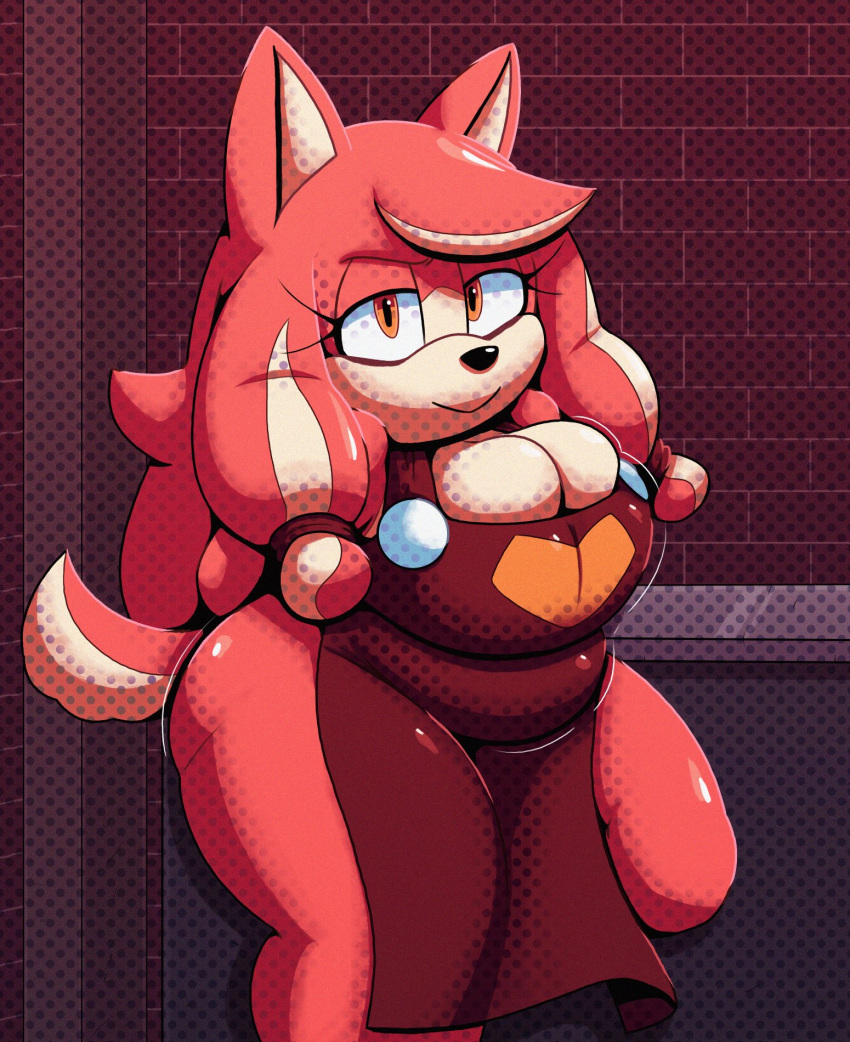anthro apron apron_only breast_squish breasts brown_body brown_eyes brown_fur canid canine canis cleavage clothed clothing conductor's_wife_(sonic) curvy_figure domestic_dog female fur hair hi_res long_hair looking_at_viewer mammal sega smile smiling_at_viewer solo sonic_the_hedgehog_(series) squish tascom the_murder_of_sonic_the_hedgehog thick_thighs voluptuous voluptuous_female