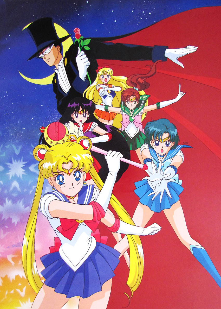 1boy 5girls absurdres bishoujo_senshi_sailor_moon blonde_hair blue_hair bow brown_hair flower gloves green_sailor_collar highres magical_girl moon multiple_girls non-web_source official_art open_mouth orange_skirt pink_bow red_bow red_flower red_rose red_sailor_collar rose sailor_collar sailor_jupiter sailor_mars sailor_mercury sailor_moon sailor_venus short_hair skirt smile tuxedo_kamen white_gloves