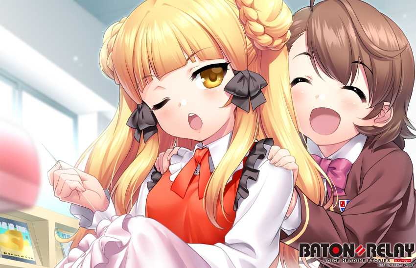 2girls :d ^_^ ahoge apron baton=relay black_bow blonde_hair blush bow bowtie braid braided_bun brown_hair brown_jacket character_request closed_eyes commentary_request copyright_name double_bun eyelashes hair_bow hair_bun happy highres holding holding_needle indoors jacket long_hair long_sleeves multiple_girls needle one_eye_closed open_mouth pink_bow pink_bowtie red_apron red_ribbon ribbon sewing sewing_needle shirt short_hair sidelocks smile teeth upper_body upper_teeth_only white_shirt yellow_eyes zen_(kamuro)