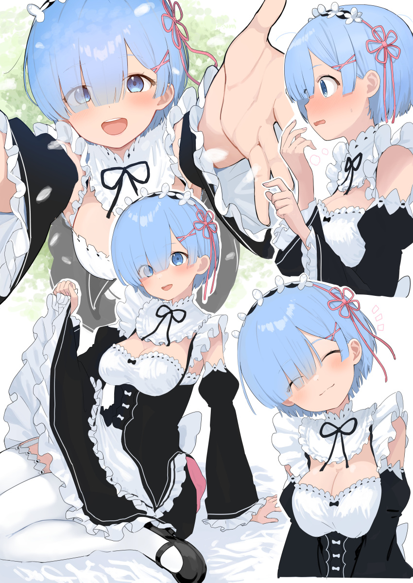 1girl absurdres blue_eyes blue_hair blush breasts closed_eyes closed_mouth clothes_lift commentary commentary_request detached_sleeves eyes_visible_through_hair frilled_sleeves frills hair_ornament hair_over_one_eye hair_ribbon hand_to_own_mouth head_tilt highres hug large_breasts looking_at_viewer maid maid_headdress mameroku nose_blush open_mouth pink_ribbon re:zero_kara_hajimeru_isekai_seikatsu rem_(re:zero) ribbon ribbon-trimmed_clothes ribbon_trim roswaal_mansion_maid_uniform short_hair simple_background skirt skirt_lift smile solo teeth upper_teeth_only x_hair_ornament