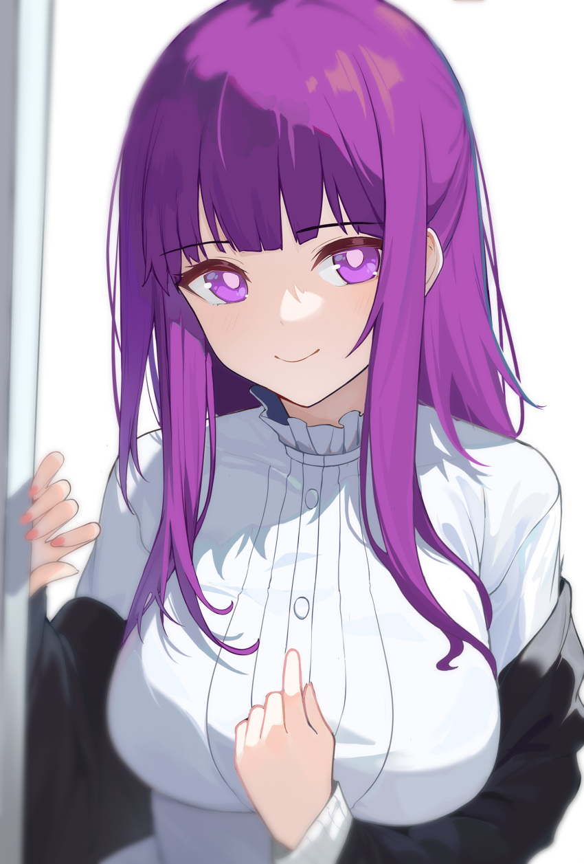 1girl absurdres black_coat black_robe blunt_bangs breasts closed_mouth coat collar dress eiightman fern_(sousou_no_frieren) frilled_collar frills hand_on_own_chest highres large_breasts long_hair long_sleeves looking_at_viewer purple_eyes purple_hair purple_pupils robe sidelocks smile solo sousou_no_frieren straight_hair white_dress